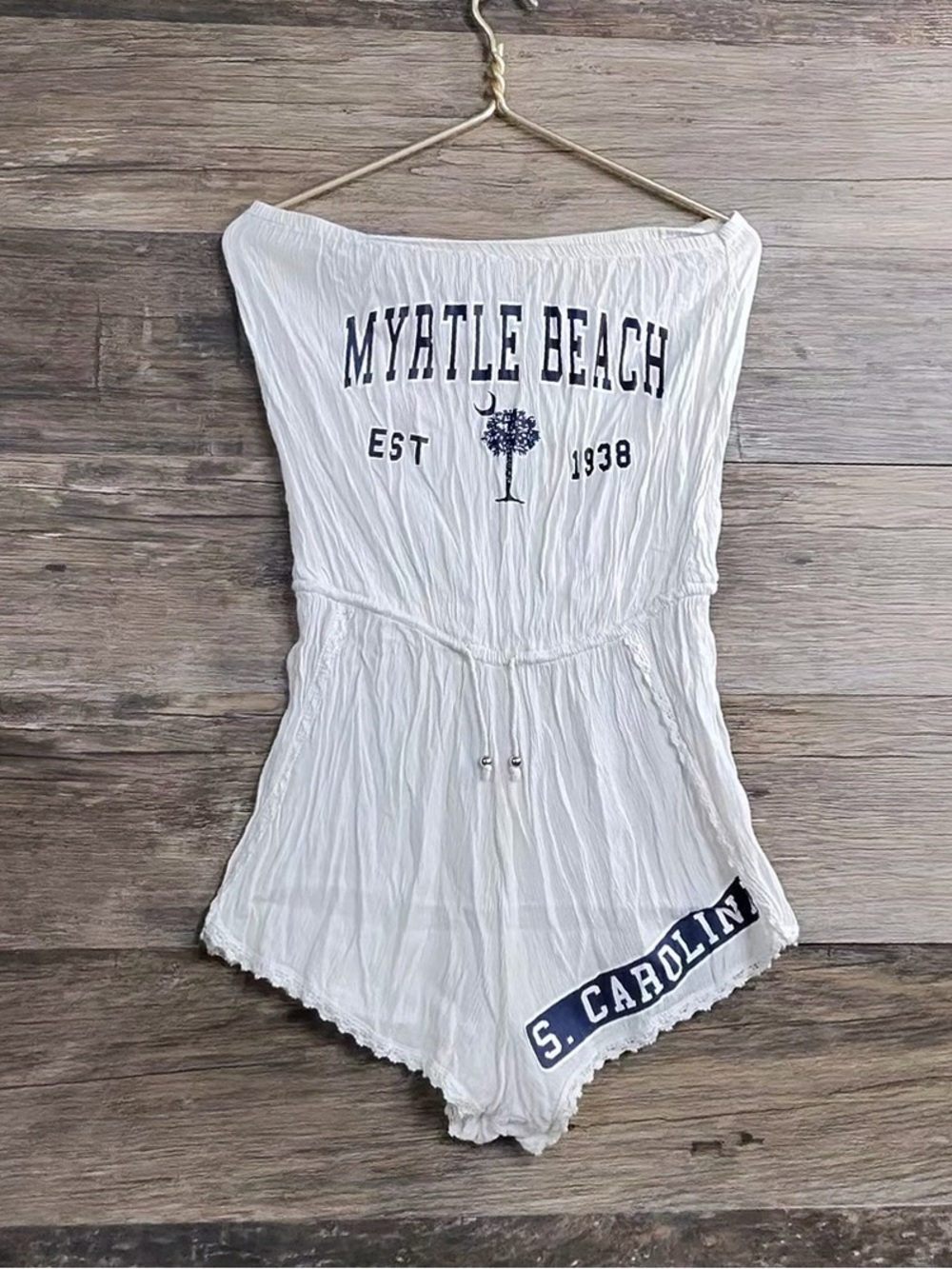 White Myrtle Beach South Carolina Graphic Strapless Romper